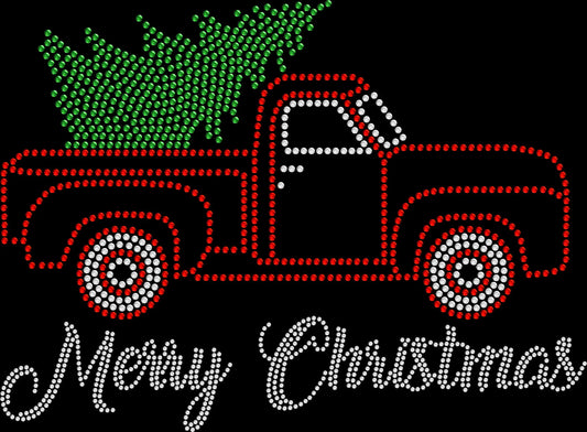 Sparkling vintage truck with Christmas tree shirt for rustic holiday parties, tree farm visits, and family photos in rhinestones or spangles.