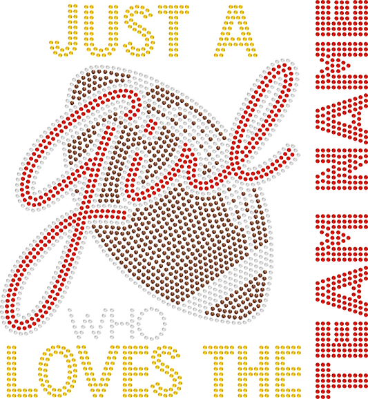 Just a Girl Who Loves the custom football team rhinestone shirt featuring sparkling crystal lettering on a soft women’s tee, perfect for football games, tailgating, and personalized fan wear.
