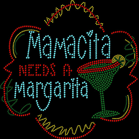 Sparkling rhinestone shirt that reads “Mamacita Needs a Margarita” on a black t-shirt, funny Cinco de Mayo margarita themed bling tee for women.