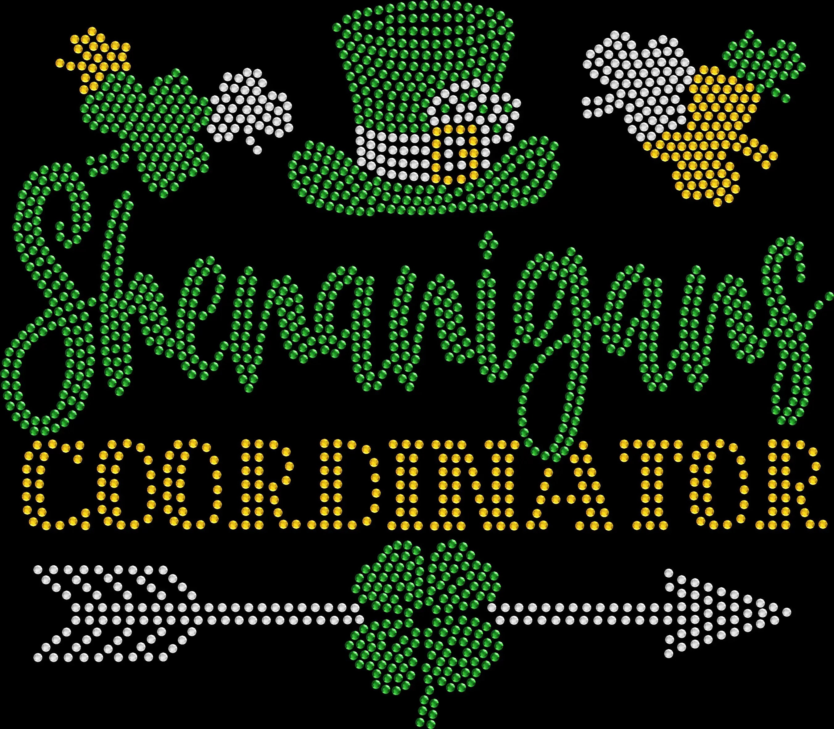 Rhinestone Shenanigans Coordinator St Patrick's Day shirt with sparkling green rhinestones on black t-shirt perfect for Irish pub crawl party outfit