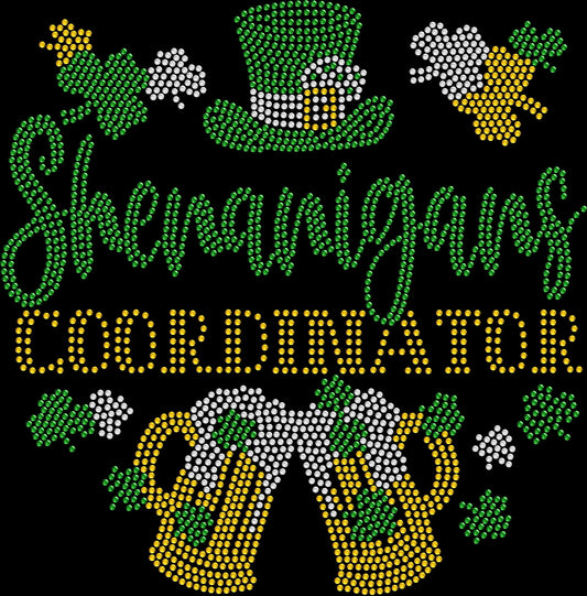 Sparkly rhinestone Shenanigans Coordinator shirt with beer mugs St Patrick’s Day party bling tee for women