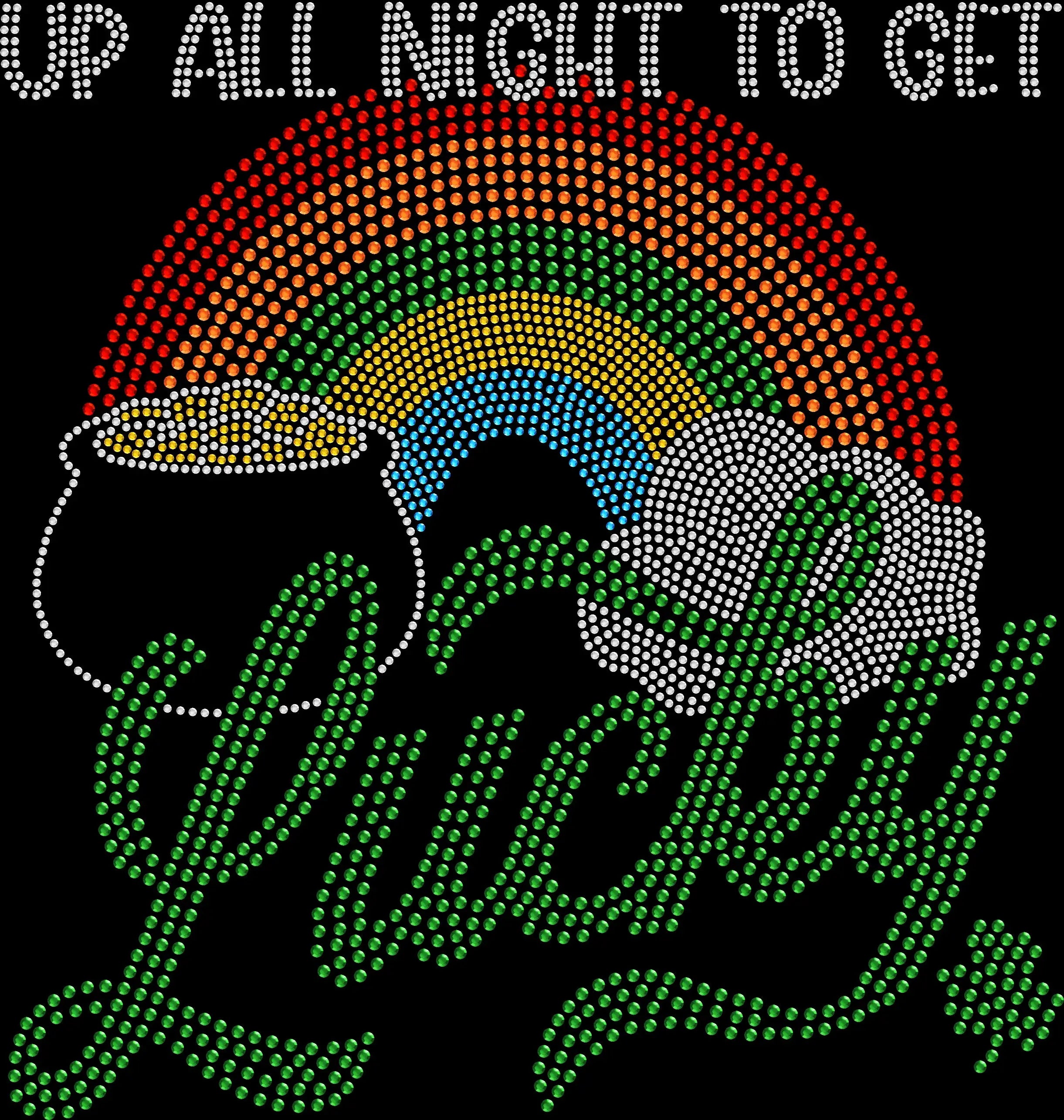 Rhinestone Up All Night to Get Lucky rainbow St Patrick's Day shirt with sparkling rhinestones on black t-shirt festive Irish party outfit