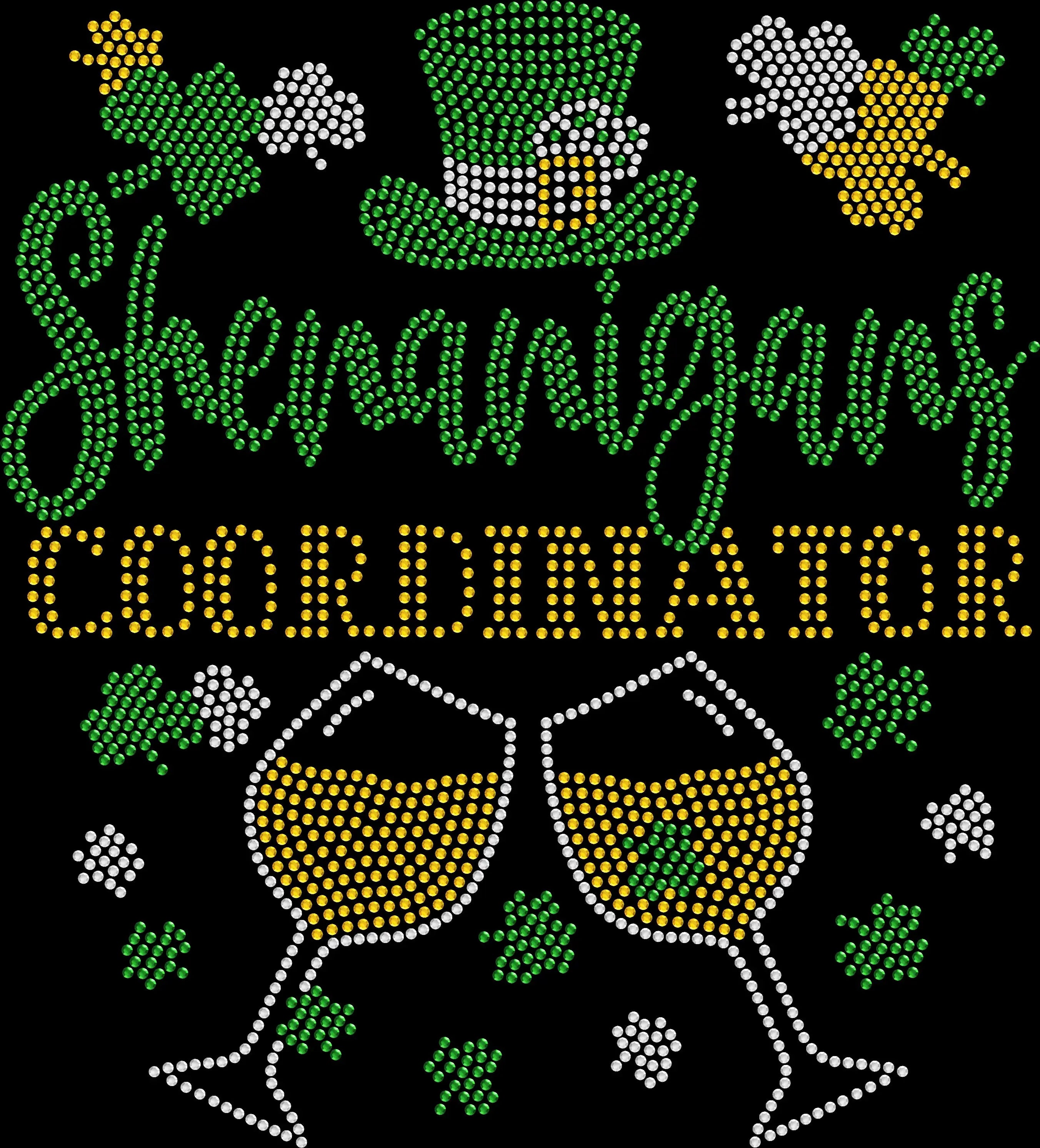 Sparkly rhinestone Shenanigans Coordinator shirt with wine glasses St Patricks Day party bling tee for women