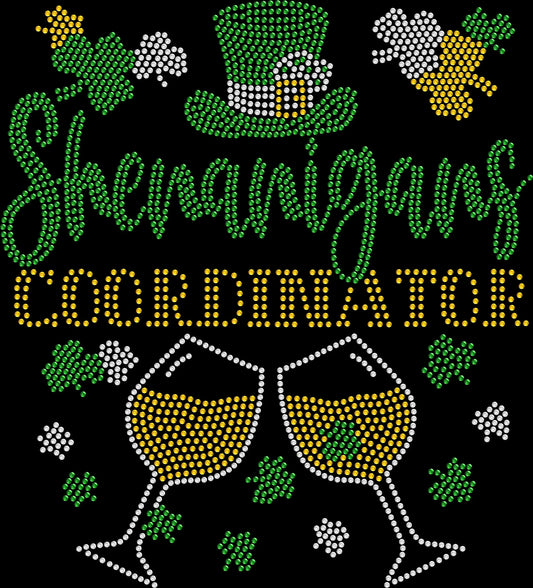 Sparkly rhinestone Shenanigans Coordinator shirt with wine glasses St Patricks Day party bling tee for women