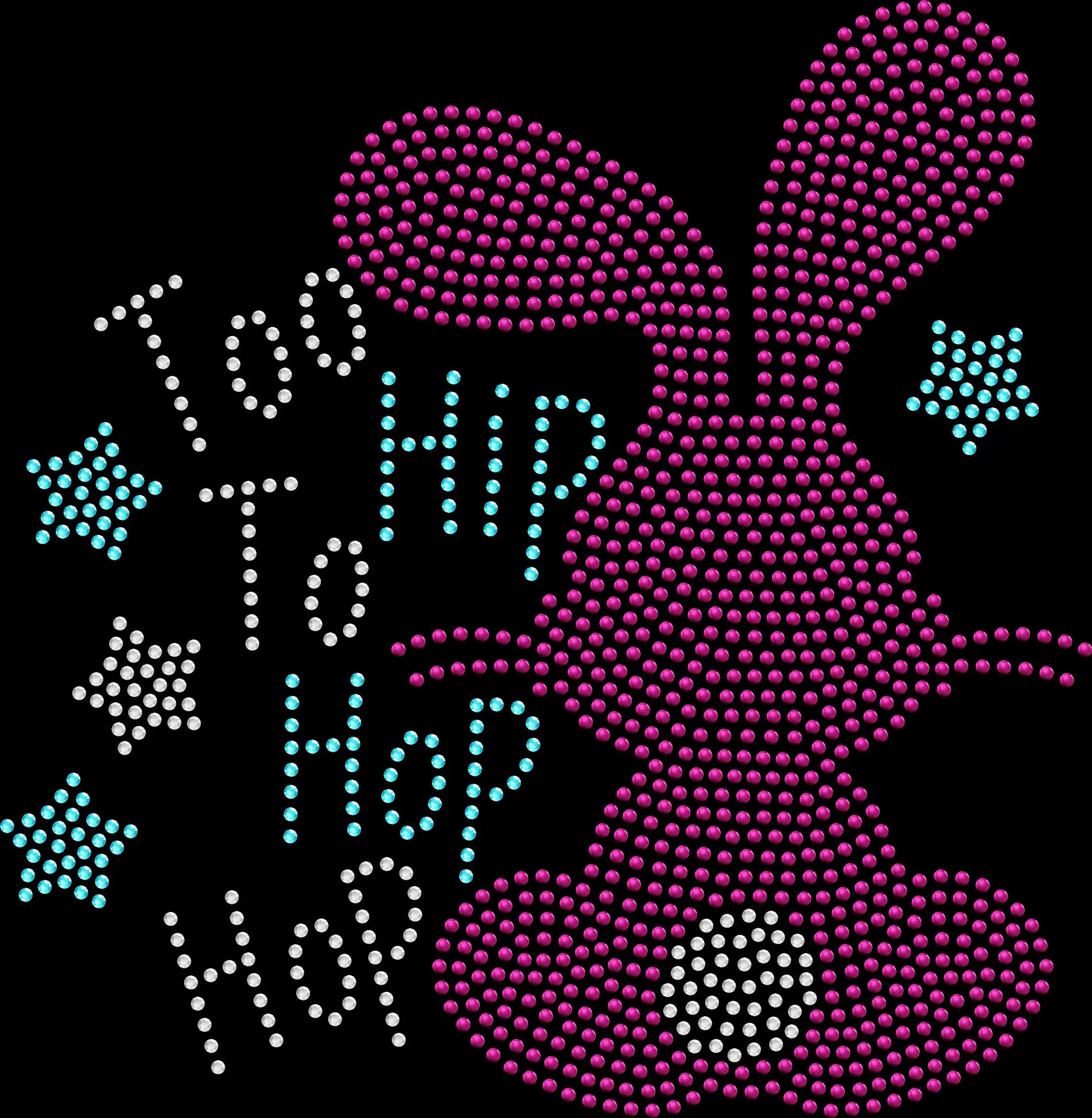 Sparkling rhinestone Too Hip To Hop Easter bunny shirt on a black t-shirt, funny trendy Easter bling tee for women with cool bunny design.