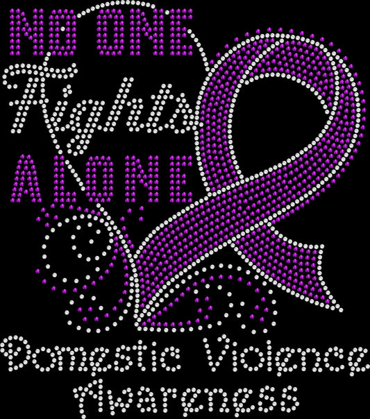 nobody fights alone domestic violence awareness rhinestone shirt on black tee