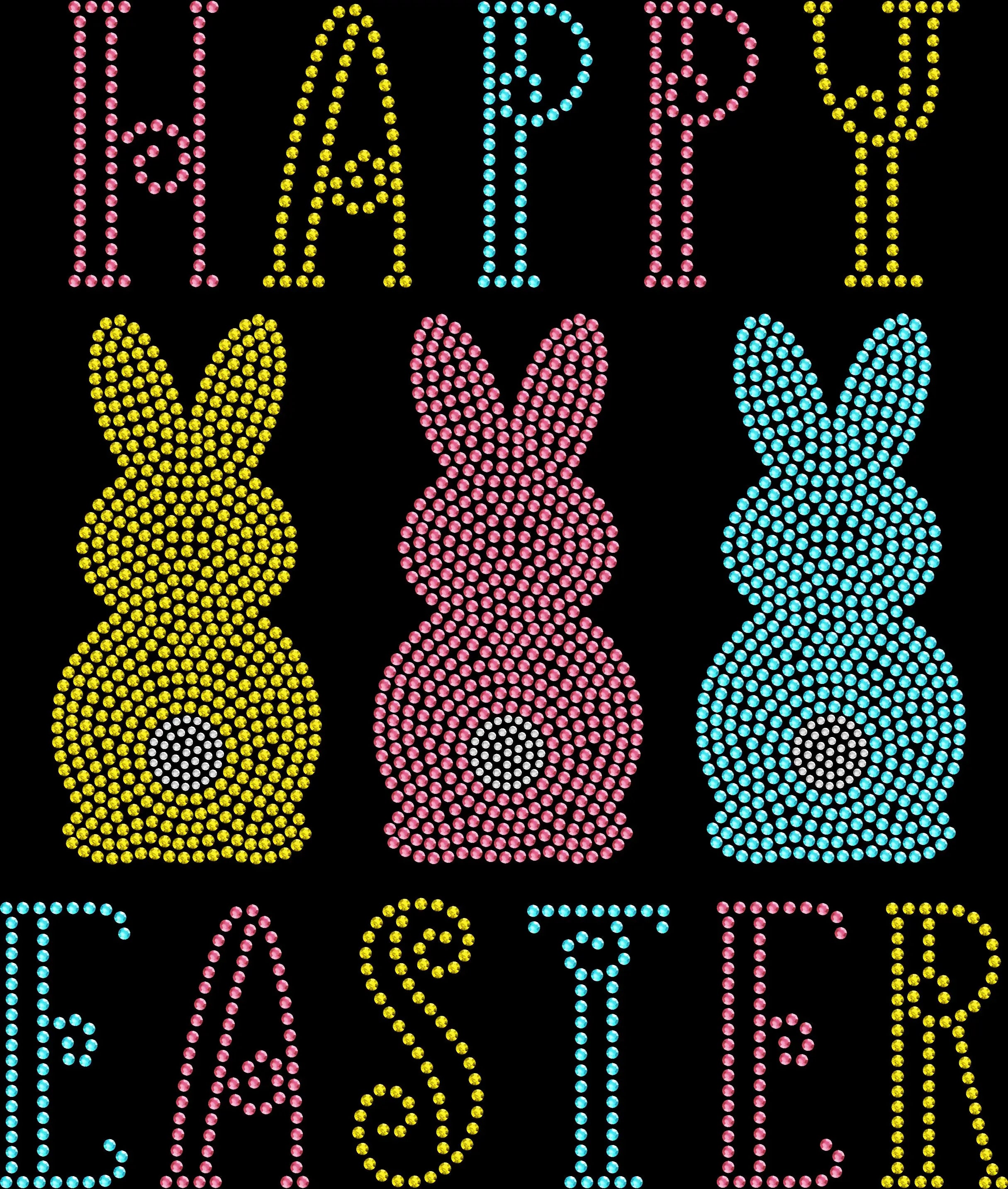 Three Bunnies Happy Easter rhinestone shirt featuring sparkling crystal bunny trio design on a soft women’s spring holiday tee, perfect for Easter brunch and festive celebrations