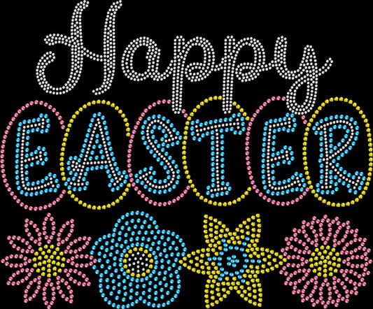 Sparkling rhinestone Happy Easter shirt with decorated eggs and spring flowers on a black t-shirt, feminine Easter bling tee for women.