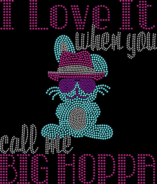 Sparkling rhinestone Big Hoppa gangster bunny shirt with fedora and sunglasses on a black t-shirt, funny Easter bling tee for women.