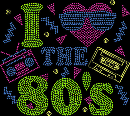 I Love the 80’s rhinestone shirt featuring sparkling crystal lettering on a soft women’s tee, perfect for retro outfits, 80s parties, and throwback events.