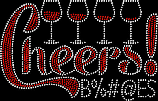 Cheers bitches wine rhinestone shirt with wine glasses design on unisex tee, funny bachelorette party shirt for women, sparkly bling apparel with high shine rhinestones