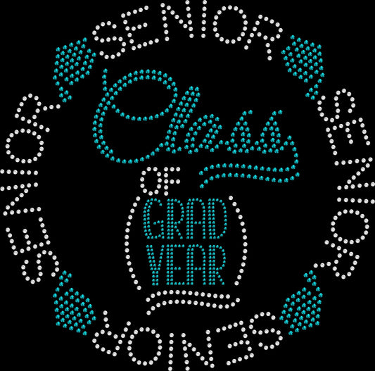 Class of Custom Year Senior Circle shirt featuring a circular Senior and Class of design personalized with the student's graduation year and created with premium glass rhinestones or holographic spangles. Senior apparel for Senior Night, Senior Week, school spirit events, senior pictures, graduation parties, commencement, and graduation celebrations. 🎓✨💎🎉💖