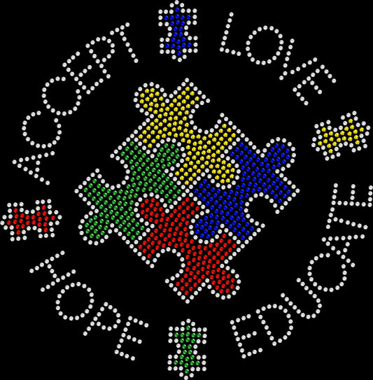 Spread awareness and inclusion in sparkle style with this Hope Love Educate Accept Autism Circle rhinestone shirt. Perfect for teachers, therapists, autism moms, and awareness events.
