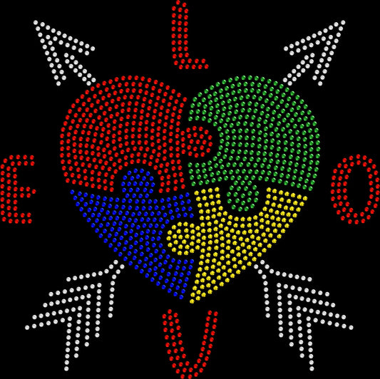 Spread kindness and awareness in sparkle style with this Autism LOVE Heart Arrow Puzzle rhinestone shirt. Perfect for teachers, therapists, autism moms, and awareness events.