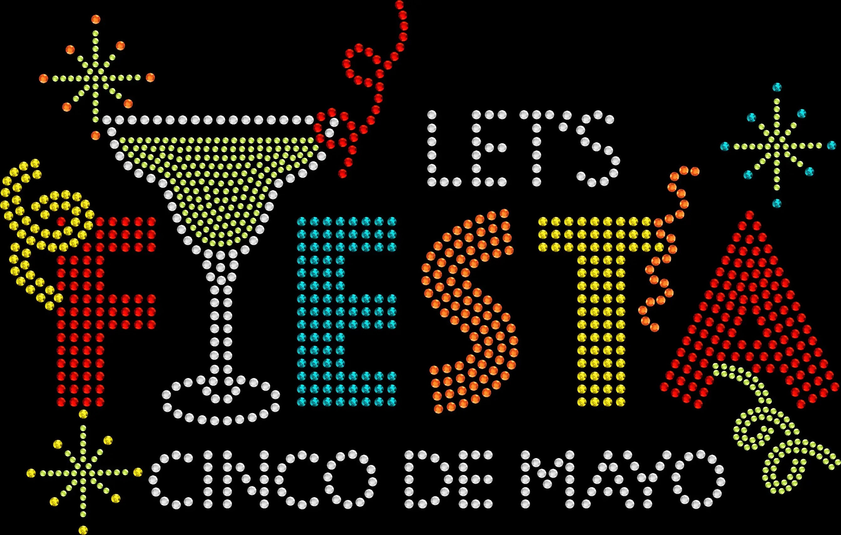 Sparkly rhinestone Cinco de Mayo shirt that says “Let’s Fiesta Margarita” in bold bling lettering on a soft cotton unisex t-shirt, perfect for Mexican party celebrations, margarita nights, and festive girls trip outfits.