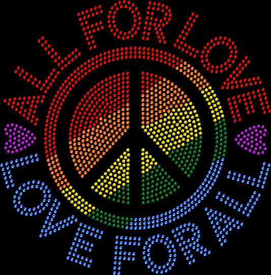 Celebrate equality and self-expression in sparkle style with this Peace Pride All for Love Love for All rhinestone shirt. Perfect for Pride events, festivals, and LGBTQ+ celebrations.