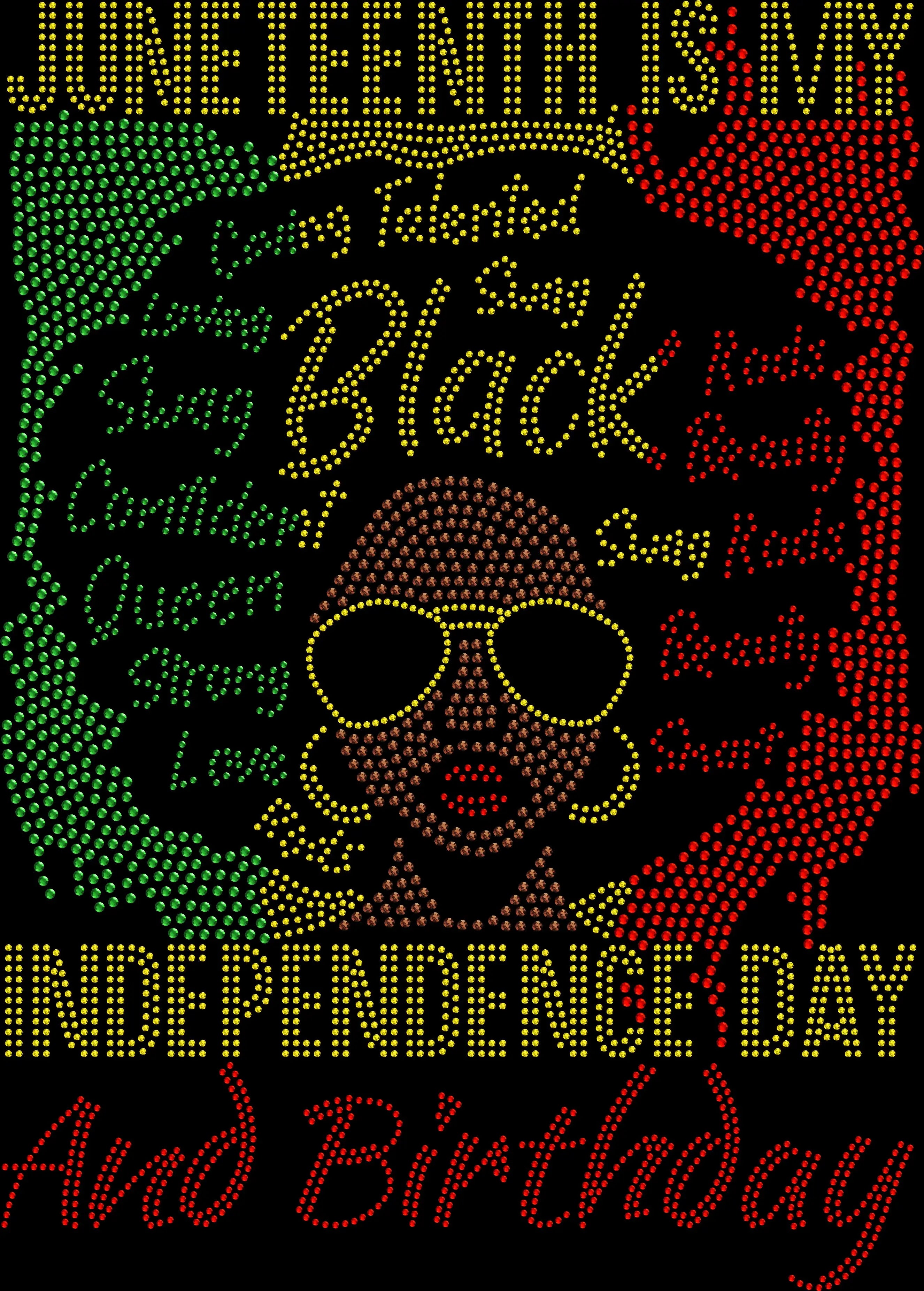 Juneteenth Is My Independence Day rhinestone shirt featuring a Black woman with an afro and empowering words, sparkling crystal design on a black tee, Juneteenth pride empowerment apparel