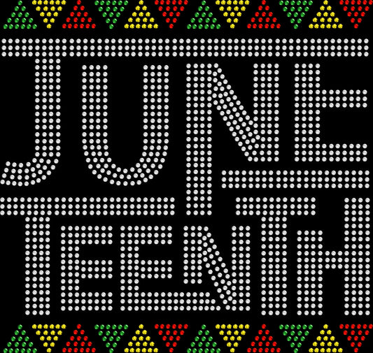 June Teenth Triangles rhinestone shirt featuring geometric triangle design with sparkling crystal embellishments on a soft women’s fashion tee, celebrating Black freedom, culture, and pride with modern glam sparkle