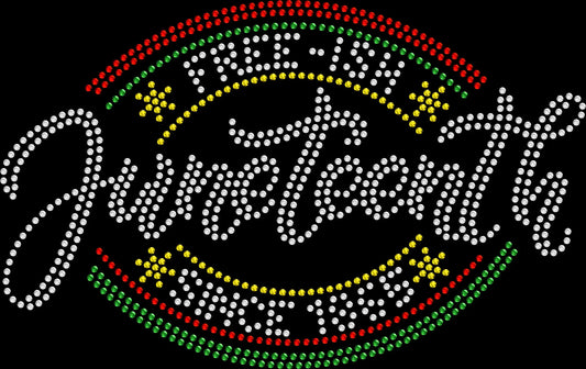 Juneteenth Freeish Oval rhinestone shirt featuring sparkling crystal lettering framed in an oval design on a soft women’s fashion tee, celebrating Black freedom, resilience, and cultural pride with bold glam sparkle