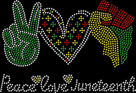 Peace Love Juneteenth rhinestone shirt featuring sparkling crystal lettering on a soft women’s fashion tee, celebrating Black freedom, culture, and pride with bold glam sparkle