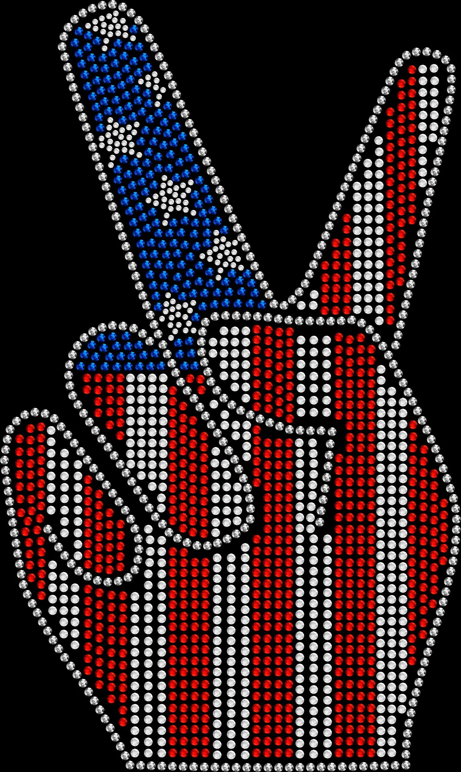 Sparkling rhinestone American flag peace sign hand shirt on a black t-shirt, patriotic bling tee for women with red white and blue peace sign design.