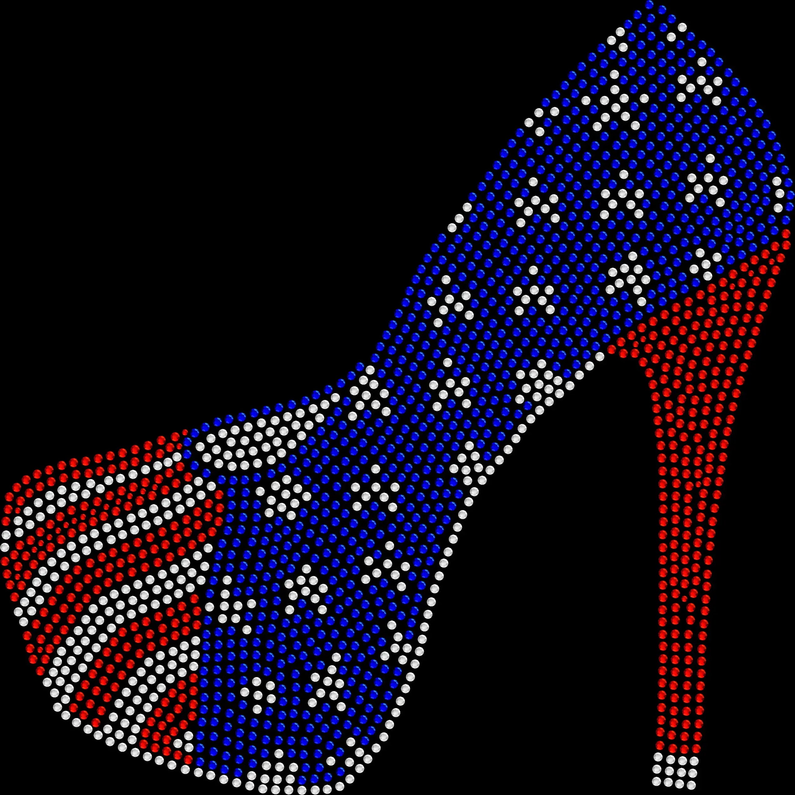 Sparkling rhinestone American flag stiletto high heel shirt on a black t-shirt, patriotic bling tee for women with red white and blue heel design.