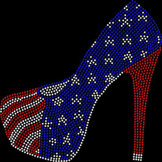 Sparkling rhinestone American flag stiletto high heel shirt on a black t-shirt, patriotic bling tee for women with red white and blue heel design.