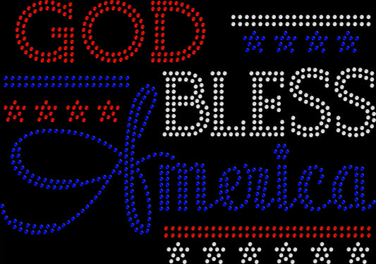 Sparkly rhinestone shirt that says “God Bless America” with star accents in red white and blue bling on a soft cotton unisex t-shirt, perfect for 4th of July, patriotic events, and faith-based celebrations.