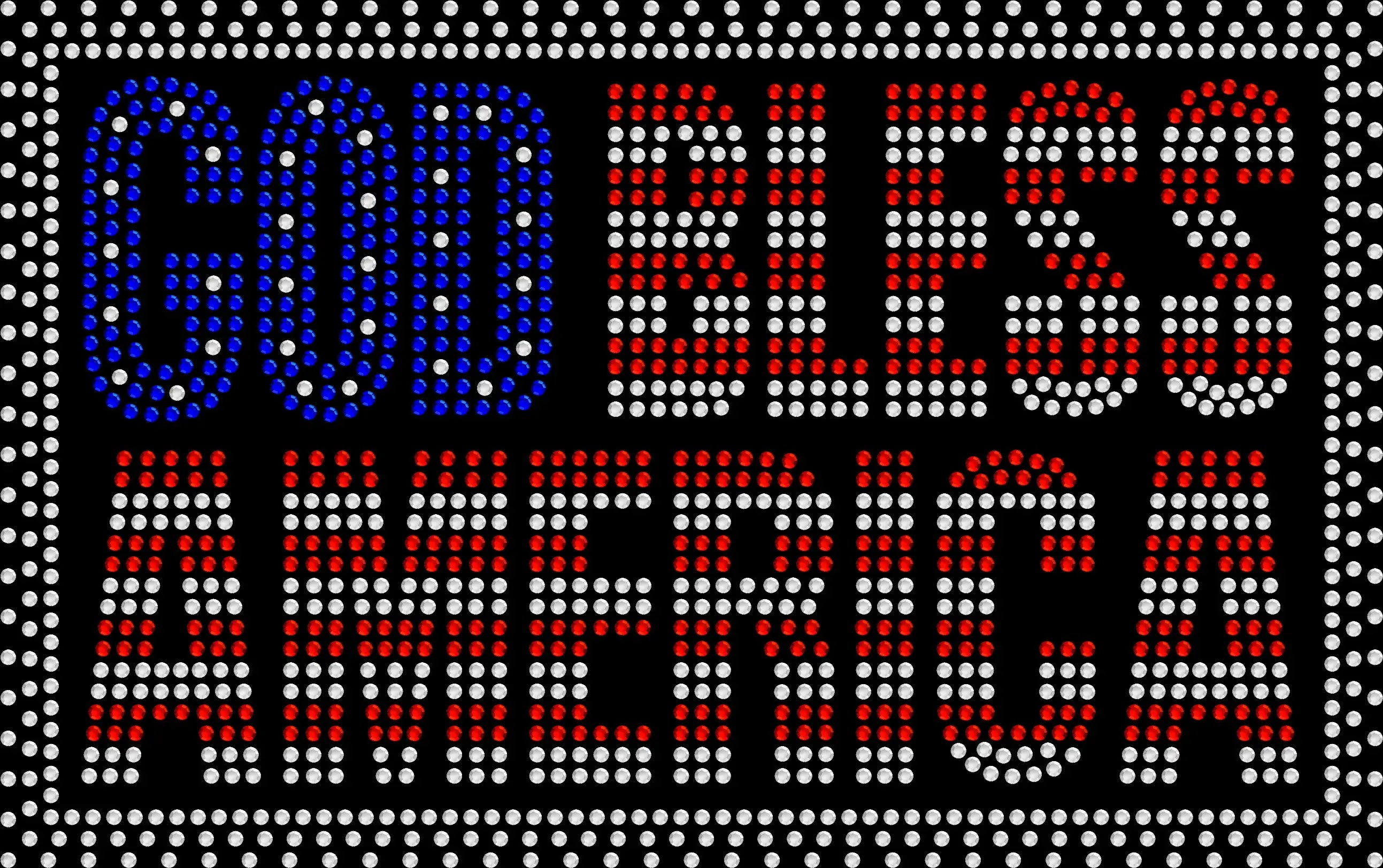 Sparkly rhinestone shirt that says “God Bless America” with a rectangle American flag design in red white and blue bling on a soft cotton unisex t-shirt, perfect for 4th of July, patriotic events, and faith-based celebrations.