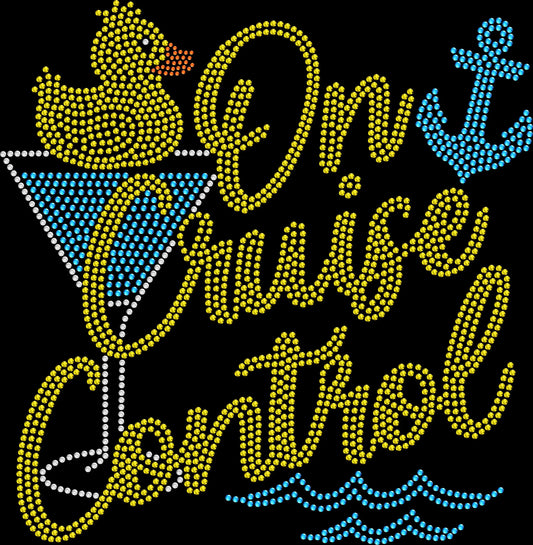 On Cruise Control rhinestone cruise shirt featuring martini glass and rubber duck design on black shirt