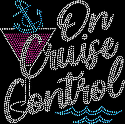 on cruise control martini glass and anchor rhinestone shirt on black tee with sparkling nautical cocktail design