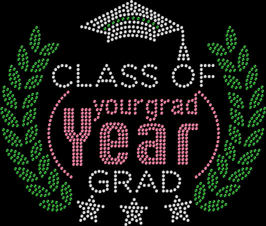 Class of Custom Year Grad shirt featuring a personalized graduation year with an elegant Greek-inspired leaf surround created in premium glass rhinestones or holographic spangles. Perfect for commencement, graduation ceremonies, senior photos, graduation parties, school celebrations, graduate gifts, and personalized graduation keepsakes. 🎓🌿✨💎🎉