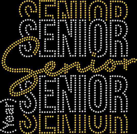 Staggered SENIOR Custom Year shirt featuring bold staggered Senior lettering personalized with the student's graduation year and created with premium glass rhinestones or holographic spangles. Senior-year apparel for Senior Night, Senior Week, school events, senior pictures, graduation photos, parties, and commencement. 🎓✨💎🎉💖