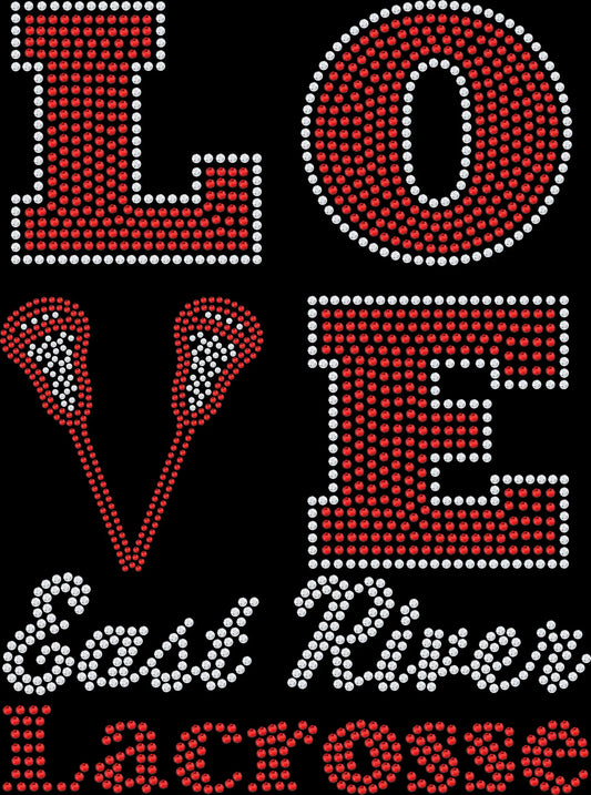 LOVE East River Lacrosse rhinestone shirt featuring sparkling crystal lettering on a soft women’s spirit wear tee, perfect for lacrosse moms, players, and fans on game day

If you’d like, I can: