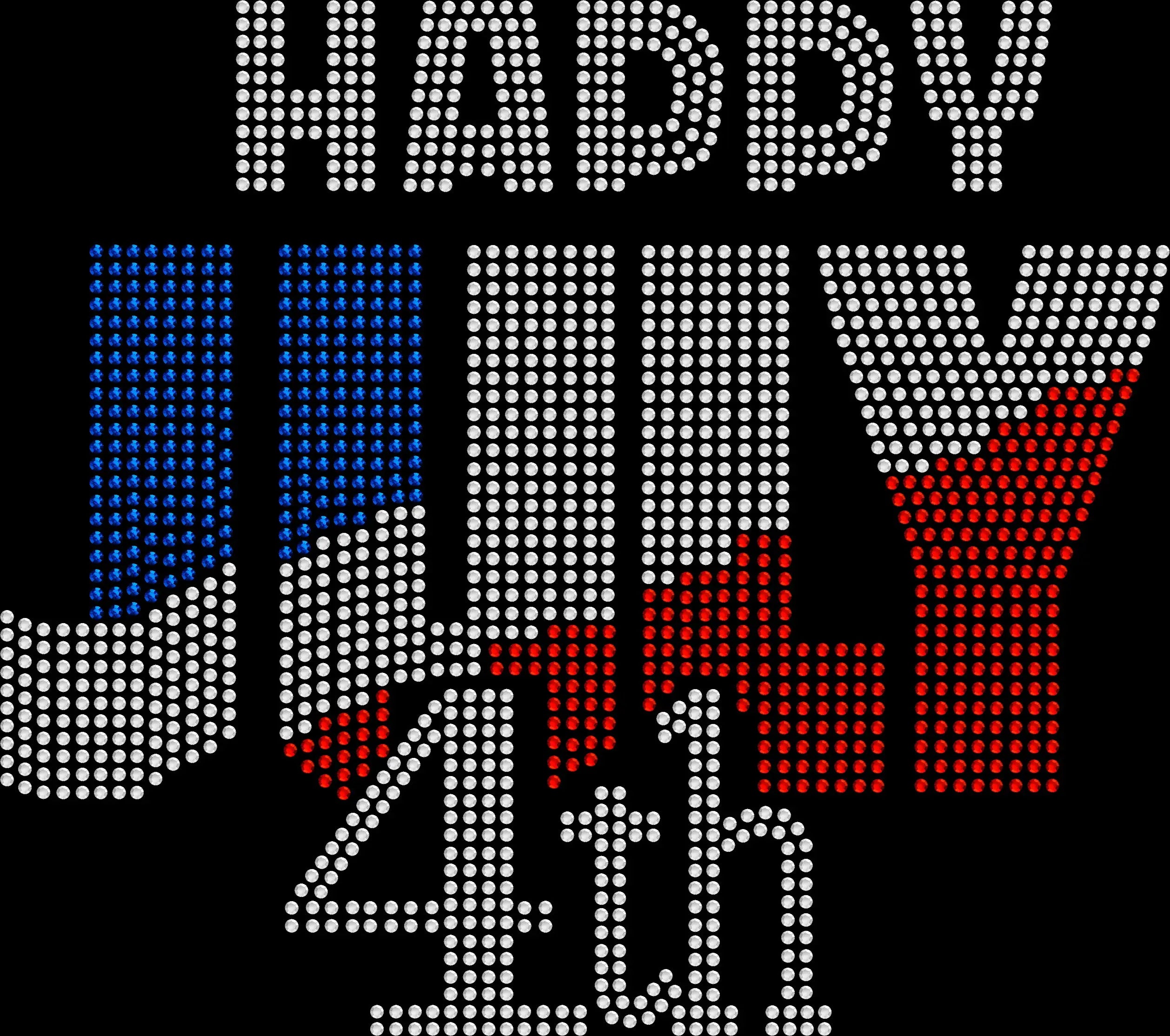 Sparkly rhinestone shirt that says “Happy July 4th” in bold bling lettering on a soft cotton unisex t-shirt, perfect for Independence Day, fireworks, and patriotic celebrations.