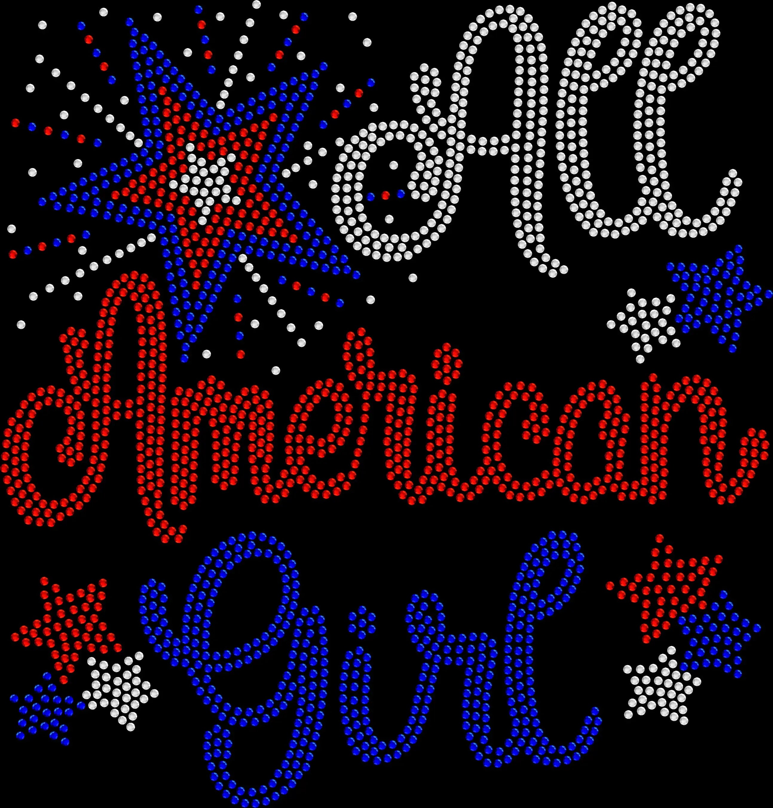 Sparkling rhinestone shirt that reads “All American Girl” on a black t-shirt, patriotic bling tee for women perfect for 4th of July and summer celebrations.