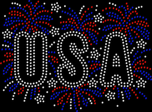 Sparkling rhinestone USA firework shirt on a black t-shirt, patriotic bling tee for women with red white and blue fireworks design.