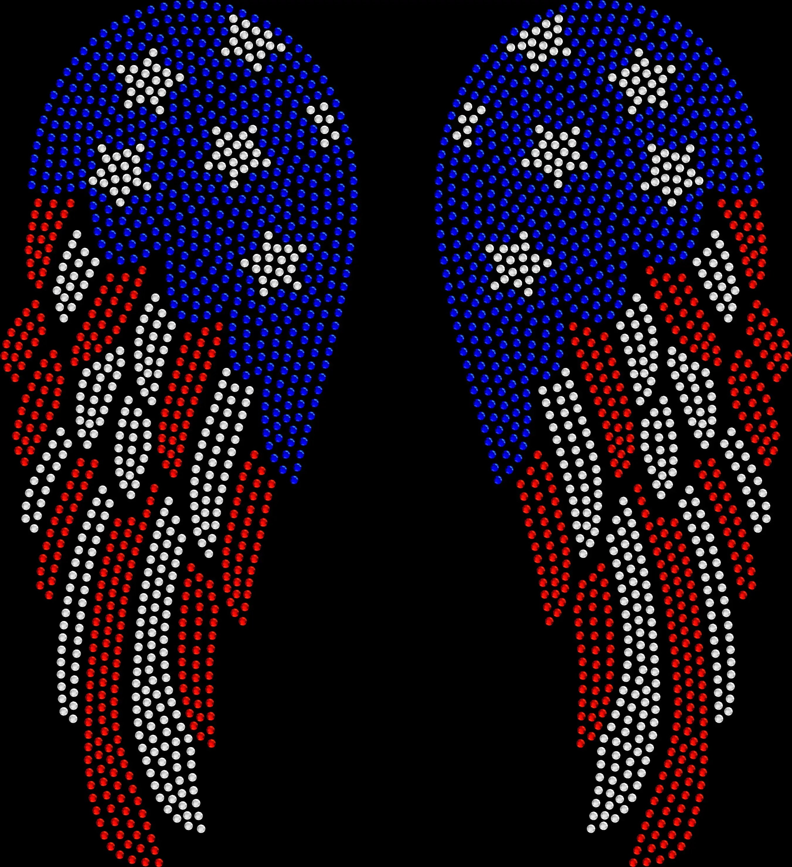 Sparkling rhinestone American flag wings shirt with large back design on a black t-shirt, patriotic bling tee for women with red white and blue wings.