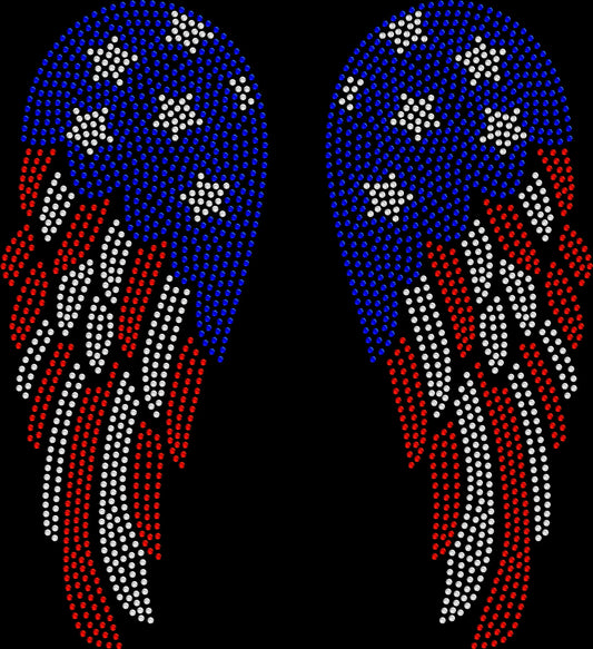 Sparkling rhinestone American flag wings shirt with large back design on a black t-shirt, patriotic bling tee for women with red white and blue wings.
