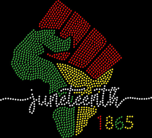 Juneteenth rhinestone shirt featuring a raised fist in the shape of Africa with sparkling crystal embellishments on a soft women’s fashion tee, celebrating Black freedom, heritage, and empowerment
