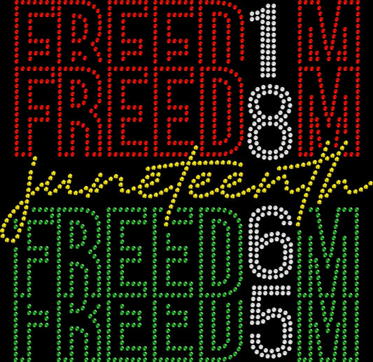 Juneteenth FREEDOM 1865 rhinestone shirt featuring elegant script lettering in sparkling crystal rhinestones on a soft women’s tee, celebrating freedom, history, and cultural pride.