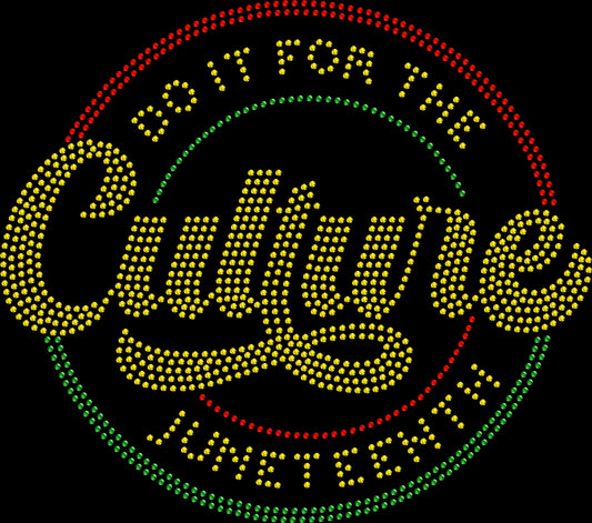 I Do It For the Culture Juneteenth rhinestone shirt featuring a bold rectangle graphic with sparkling crystal embellishments on a soft women’s fashion tee, celebrating Black culture, pride, and empowerment