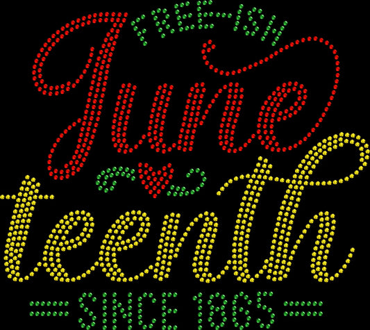 June Heart Teenth rhinestone shirt featuring sparkling crystal lettering with heart design on a black tee, elegant Juneteenth pride bling apparel