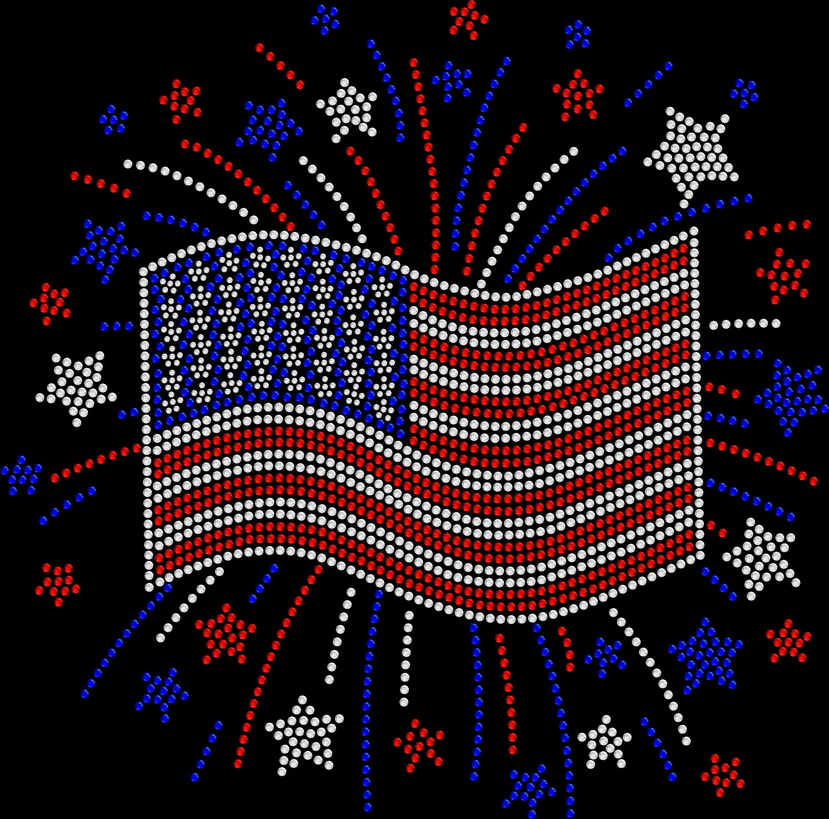 Sparkly rhinestone shirt featuring a wavy American flag inside a firework design in red white and blue bling on a soft cotton unisex t-shirt, perfect for 4th of July and patriotic celebrations.
