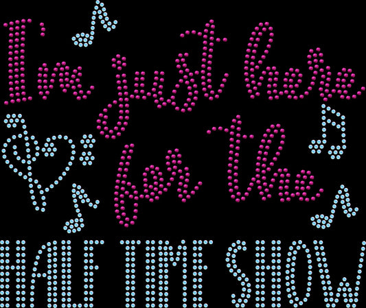 I’m Just Here for the Half Time Show rhinestone shirt featuring sparkling crystal lettering on a soft women’s tee, perfect for football watch parties, tailgating, and funny game-day fan wear.