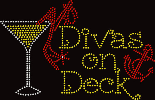 divas on deck rhinestone cruise shirt with martini glass high heel and anchor on black tee