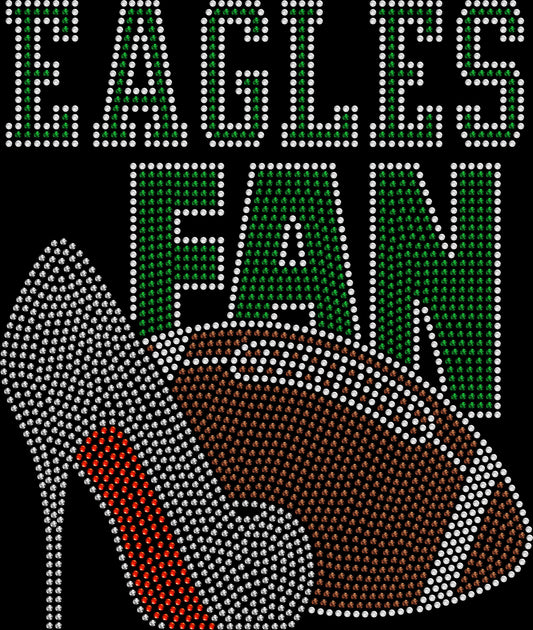 Football Fan rhinestone shirt featuring sparkling crystal lettering with a high heel graphic and custom name on a soft women’s tee, perfect for game day, tailgating, and stylish football fan wear.