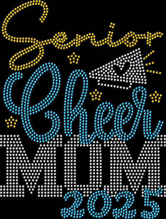 Senior Cheer Mom Megaphone Custom Year shirt featuring a cheer megaphone and personalized graduation year created with premium glass rhinestones or holographic spangles. Senior cheer mom apparel for Senior Night, football and basketball games, competitions, pep rallies, school spirit events, cheer banquets, and graduation celebrations. 📣🎓💖🎀✨💎