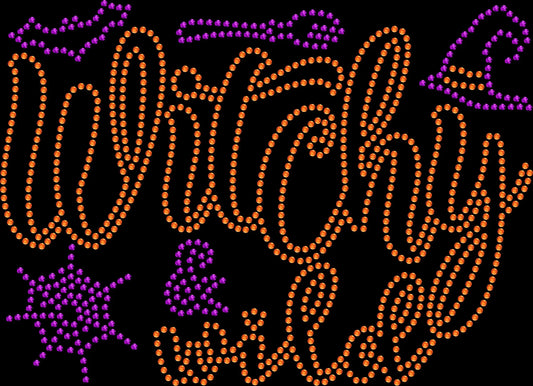 Witchy and Wild shirt featuring a sparkling witch-inspired statement design created with premium glass rhinestones or holographic spangles. Witchy Halloween apparel for spooky season, Halloween parties, pumpkin patches, haunted houses, fall festivals, girls' nights, trick-or-treating, and October celebrations. 🧙‍♀️🔮✨🌙💎🖤💜