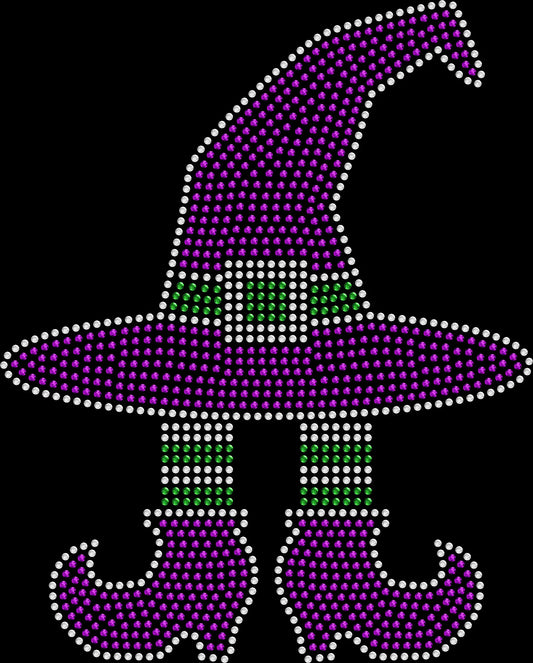 Witch Hat and Feet Halloween shirt featuring a whimsical witch hat and witch feet design created with premium glass rhinestones or holographic spangles. Sparkling witch apparel for spooky season, Halloween parties, pumpkin patches, haunted houses, fall festivals, girls' nights, trick-or-treating, and October events. 🧙‍♀️🎩👢🎃✨💎🖤